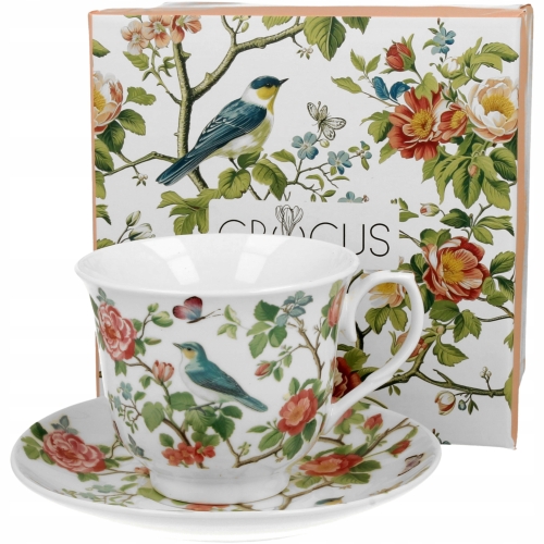 Porcelanowa Filiżanka 250 ml ze spodkiem do KAWY HERBATY - PTAKI NA GAŁĘZI