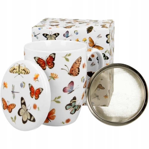 Porcelanowy Kubek 350 ml z Zaparzaczem do HERBATY ZIÓŁ - BUTTERFLIES MOTYLE