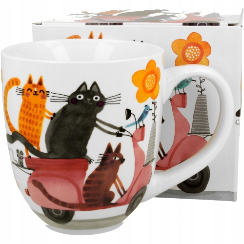 PORCELANOWY Kubek XXL 1000 ml do KAWY HERBATY - Koci Świat KOTY NA SKUTERZE