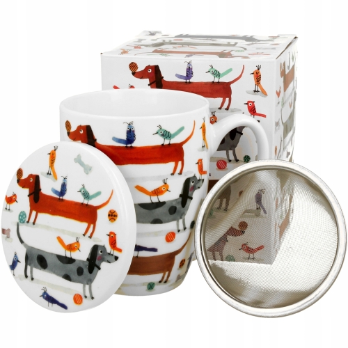 Porcelanowy Kubek 360 ml z Zaparzaczem do HERBATY ZIÓŁ Psi Świat DŁUGIE PSY
