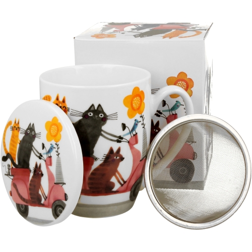 Porcelanowy Kubek 360 ml z Zaparzaczem do HERBATY ZIÓŁ - KOTY NA SKUTERZE