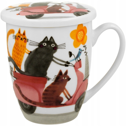 Porcelanowy Kubek 360 ml z Zaparzaczem do HERBATY ZIÓŁ - KOTY NA SKUTERZE
