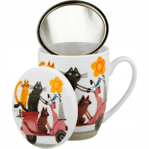 Porcelanowy Kubek 360 ml z Zaparzaczem do HERBATY ZIÓŁ - KOTY NA SKUTERZE