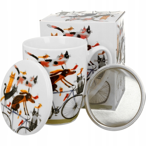 Porcelanowy Kubek 360 ml z Zaparzaczem do HERBATY ZIÓŁ - PIES NA ROWERZE