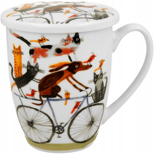 Porcelanowy Kubek 360 ml z Zaparzaczem do HERBATY ZIÓŁ - PIES NA ROWERZE