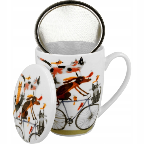 Porcelanowy Kubek 360 ml z Zaparzaczem do HERBATY ZIÓŁ - PIES NA ROWERZE