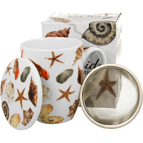 Porcelanowy Kubek 360 ml z Zaparzaczem do HERBATY ZIÓŁ - Seaside MUSZLE