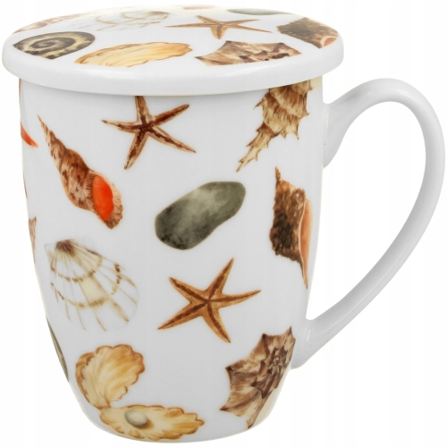 Porcelanowy Kubek 360 ml z Zaparzaczem do HERBATY ZIÓŁ - Seaside MUSZLE