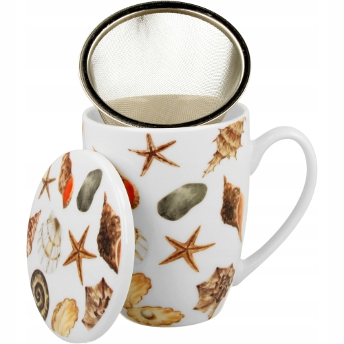 Porcelanowy Kubek 360 ml z Zaparzaczem do HERBATY ZIÓŁ - Seaside MUSZLE