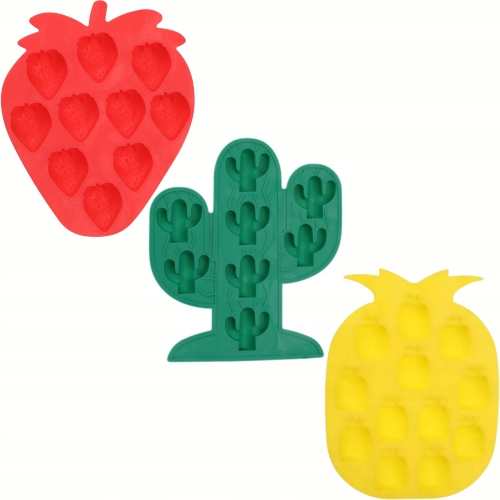 KOLOROWE Foremki Kostkarki DO LODU Zestaw 3 SZTUKI Truskawka Kaktus Ananas