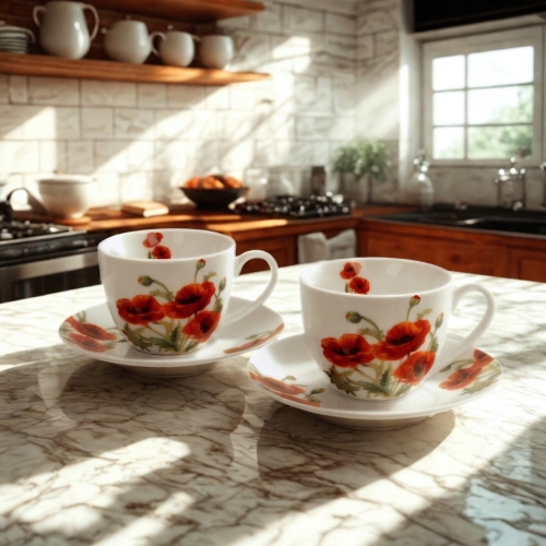 DWIE Porcelanowe Filiżanki 270 ml do KAWY HERBATY - Flower Classic POPPIES