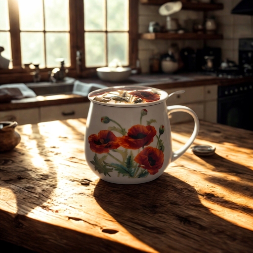 Kubek baryłka 430 ml z Zaparzaczem do HERBATY ZIÓŁ - Flower Classic POPPIES