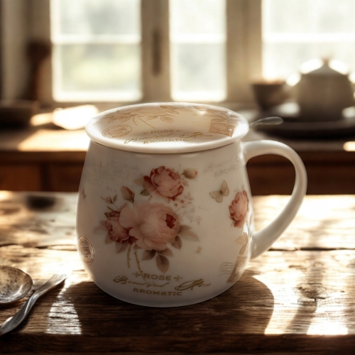 PORCELANOWY Kubek baryłka 430 ml z Zaparzaczem do HERBATY ZIÓŁ - SECESJA