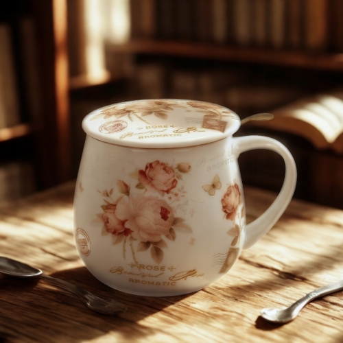 PORCELANOWY Kubek baryłka 430 ml z Zaparzaczem do HERBATY ZIÓŁ - SECESJA