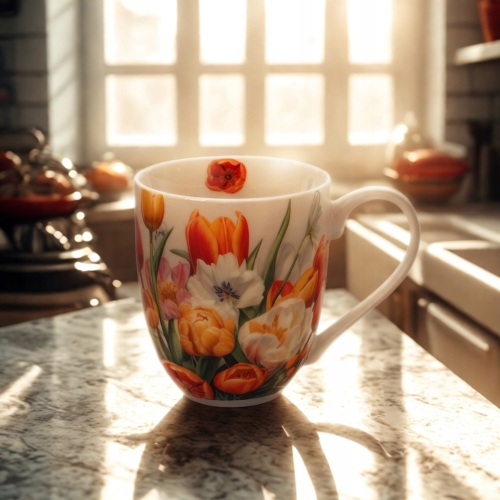 Duży PORCELANOWY Kubek XXL 1000ml do KAWY HERBATY - Flower Classic TULIPANY