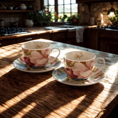 DWIE Porcelanowe Filiżanki 270 ml do KAWY HERBATY - Flower Classic MAGNOLIE