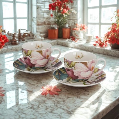 DWIE Porcelanowe Filiżanki 270 ml do KAWY HERBATY - Flower Classic MAGNOLIE