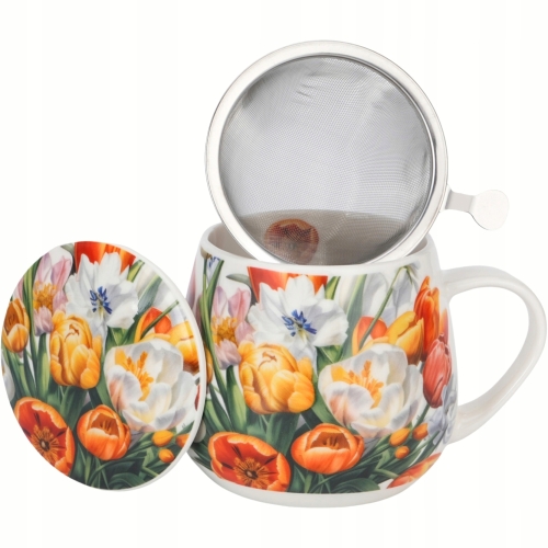 Kubek baryłka 430ml z Zaparzaczem do HERBATY ZIÓŁ - Flower Classic TULIPANY