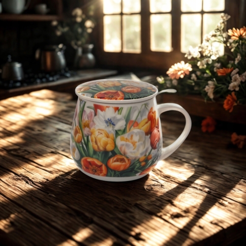 Kubek baryłka 430ml z Zaparzaczem do HERBATY ZIÓŁ - Flower Classic TULIPANY