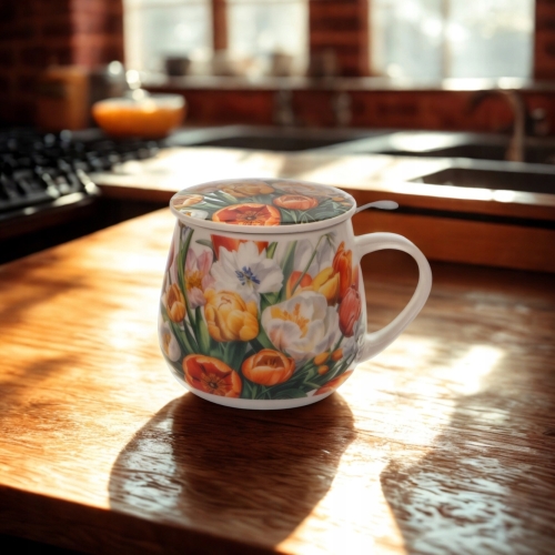Kubek baryłka 430ml z Zaparzaczem do HERBATY ZIÓŁ - Flower Classic TULIPANY