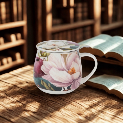 Kubek baryłka 430ml z Zaparzaczem do HERBATY ZIÓŁ - Flower Classic MAGNOLIE