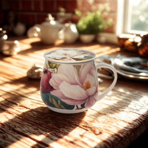 Kubek baryłka 430ml z Zaparzaczem do HERBATY ZIÓŁ - Flower Classic MAGNOLIE