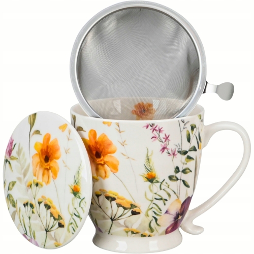 Porcelanowy Kubek 510 ml z Zaparzaczem do HERBATY ZIÓŁ - Kwiaty Royal PANSY