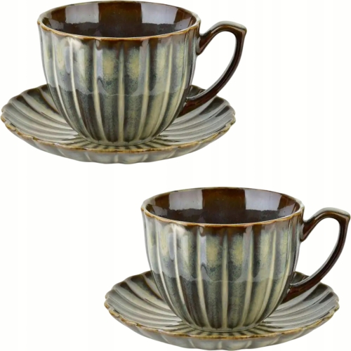 EVIE GREEN Porcelanowa Filiżanka 300 ml ze spodkiem do KAWY HERBATY - 2 szt