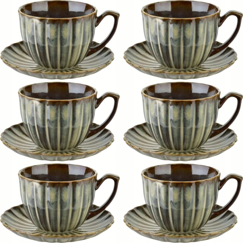 EVIE GREEN Porcelanowa Filiżanka 300 ml ze spodkiem do KAWY HERBATY - 6 szt