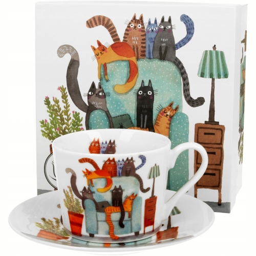 Porcelanowa filiżanka 230 ml ze spodkiem Do KAWY HERBATY - KOTY NA FOTELU