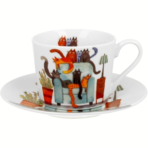 Porcelanowa filiżanka 230 ml ze spodkiem Do KAWY HERBATY - KOTY NA FOTELU