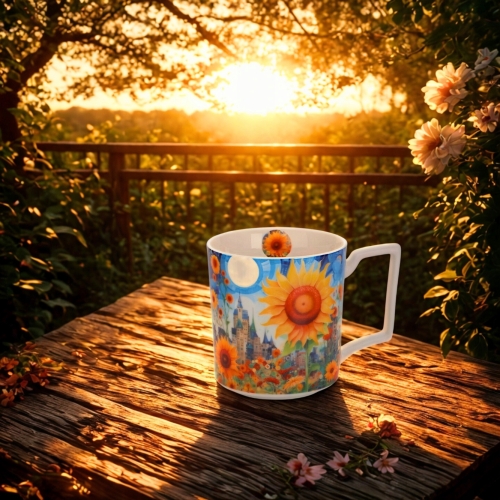Duży PORCELANOWY Kubek XXL 750 ml do KAWY HERBATY - MODERN SUNFLOWER