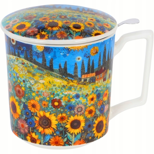 PORCELANOWY Kubek 450 ml z Zaparzaczem do HERBATY ZIÓŁ - SUNFLOWER FIELD