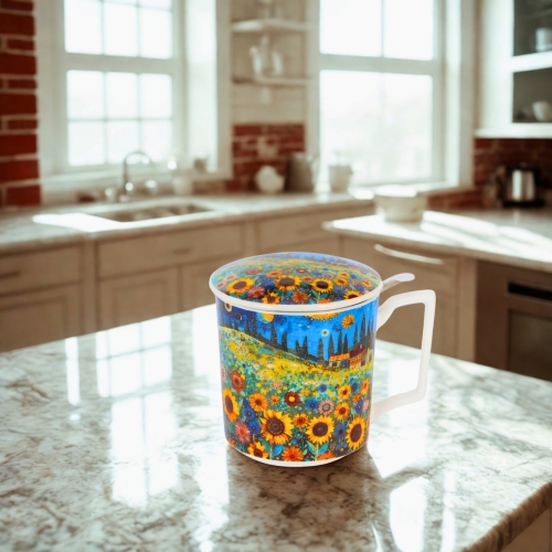 PORCELANOWY Kubek 450 ml z Zaparzaczem do HERBATY ZIÓŁ - SUNFLOWER FIELD