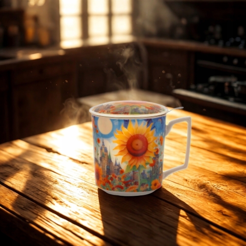 PORCELANOWY Kubek 450 ml z Zaparzaczem do HERBATY ZIÓŁ - MODERN SUNFLOWER
