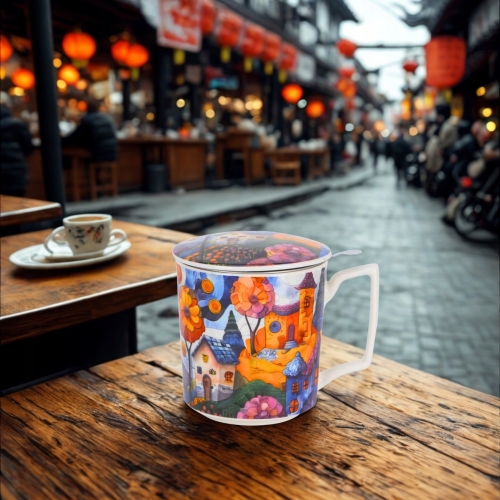 PORCELANOWY Kubek 450 ml z Zaparzaczem do HERBATY ZIÓŁ - MODERN COUNTRYSIDE