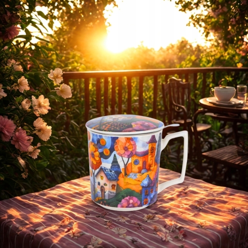 PORCELANOWY Kubek 450 ml z Zaparzaczem do HERBATY ZIÓŁ - MODERN COUNTRYSIDE