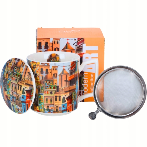 PORCELANOWY Kubek 450 ml z Zaparzaczem do HERBATY ZIÓŁ - MODERN SWEET CITY
