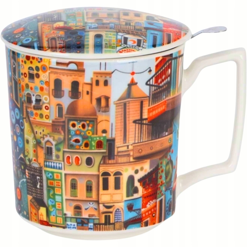 PORCELANOWY Kubek 450 ml z Zaparzaczem do HERBATY ZIÓŁ - MODERN SWEET CITY