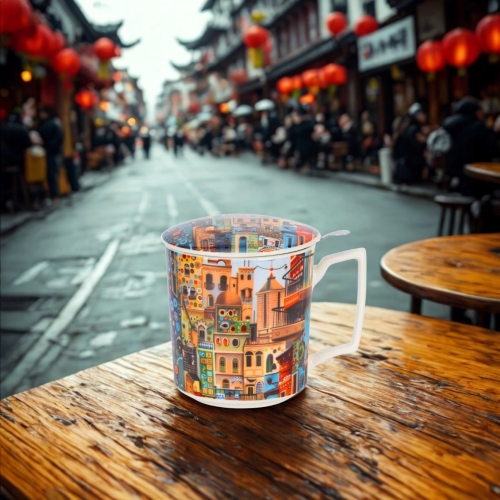 PORCELANOWY Kubek 450 ml z Zaparzaczem do HERBATY ZIÓŁ - MODERN SWEET CITY