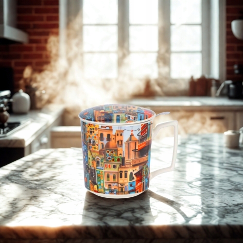 PORCELANOWY Kubek 450 ml z Zaparzaczem do HERBATY ZIÓŁ - MODERN SWEET CITY