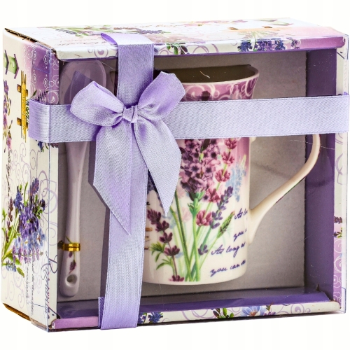 PORCELANOWY Kubek 270 ml z Łyżeczką do KAWY HERBATY KAKAO - Lawenda