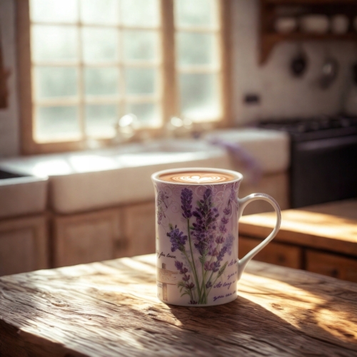 PORCELANOWY Kubek 270 ml z Łyżeczką do KAWY HERBATY KAKAO - Lawenda