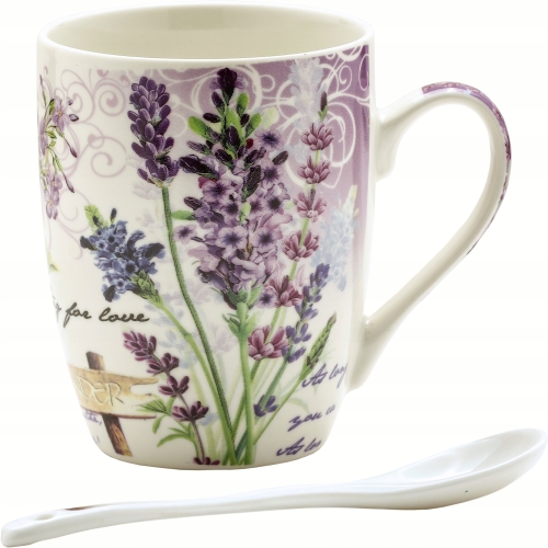 PORCELANOWY Kubek 320 ml z Łyżeczką do KAWY HERBATY KAKAO - Lawenda