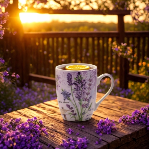 PORCELANOWY Kubek 320 ml z Łyżeczką do KAWY HERBATY KAKAO - Lawenda