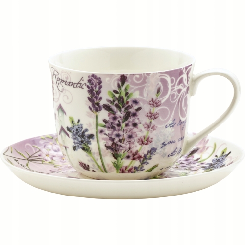 PORCELANOWA Filiżanka JUMBO 350 ml ze spodeczkiem do KAWY HERBATY - Lawenda