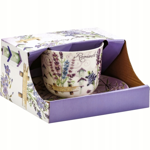 PORCELANOWA Filiżanka JUMBO 350 ml ze spodeczkiem do KAWY HERBATY - Lawenda