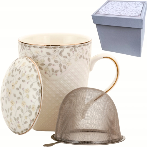 Porcelanowy Kubek 430 ml z Zaparzaczem i Pokrywką do HERBATY ZIÓŁ - LISTKI