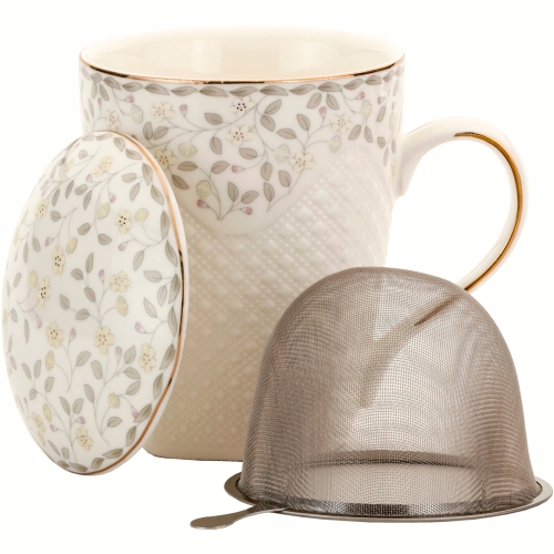 Porcelanowy Kubek 430 ml z Zaparzaczem i Pokrywką do HERBATY ZIÓŁ - LISTKI