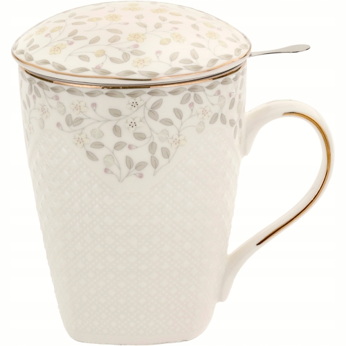Porcelanowy Kubek 430 ml z Zaparzaczem i Pokrywką do HERBATY ZIÓŁ - LISTKI